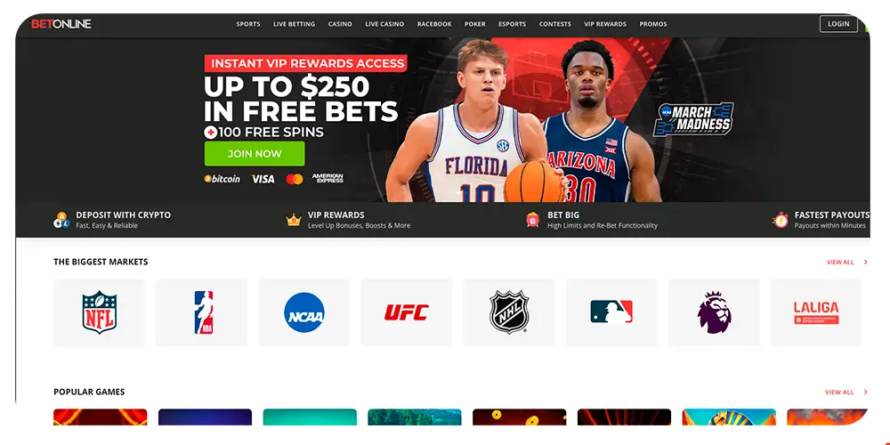 BetOnline sportsbook homepage showing bonus offer and sports icons