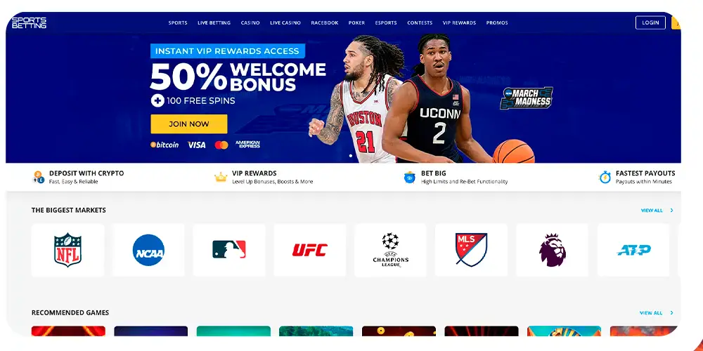 SportsBetting.ag sportsbook interface with featured events and navigation menu
